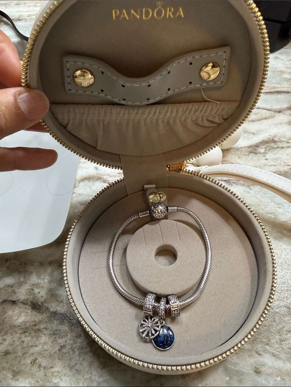 Pandora Silver Charm Bracelet with Blue and Silver Charms with a purse/case